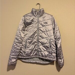 Silver north face puffer